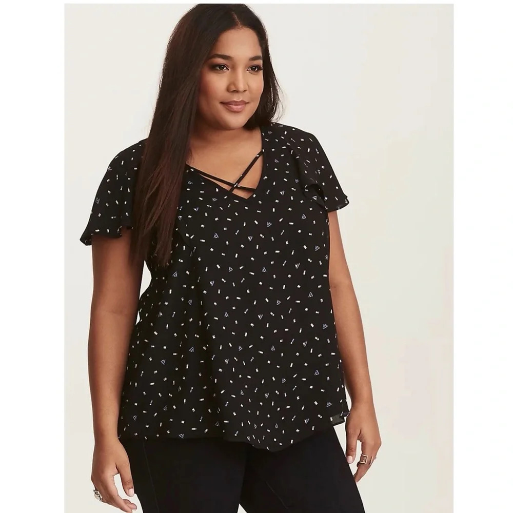 torrid Sailboat Confetti Print Blouse Black Strappy V-neck Flutter Sleeve 2X